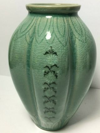 Vintage Signed Ceramic Large Chinese Celadon Green Crackle Glaze Vase Flower