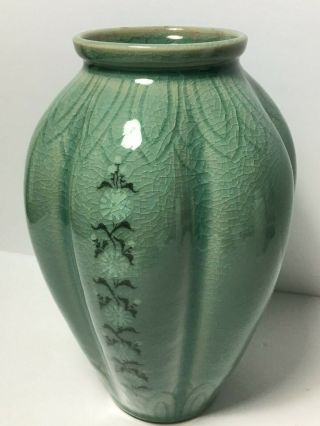 Vintage Signed Ceramic Large Chinese Celadon Green Crackle Glaze Vase Flower 2