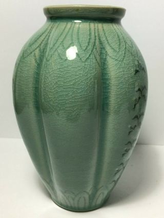 Vintage Signed Ceramic Large Chinese Celadon Green Crackle Glaze Vase Flower 3