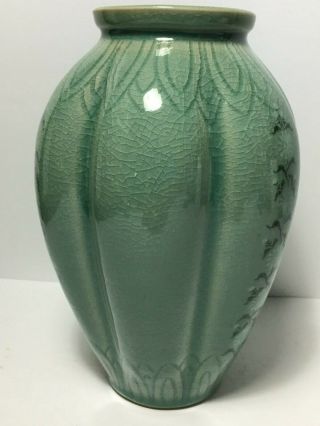 Vintage Signed Ceramic Large Chinese Celadon Green Crackle Glaze Vase Flower 4