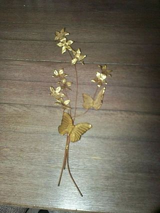 Mid Century Vtg Metal Wall Art Brass Butterflies Dogwood Floral Large 25 " Patina