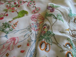 Vintage Hand Embroidered Tablecloth - Crinoline Lady,  Butterfly,  Birds