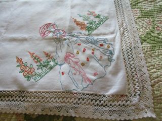 Vintage Hand Embroidered Tablecloth - CRINOLINE LADY,  BUTTERFLY,  BIRDS 2