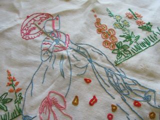 Vintage Hand Embroidered Tablecloth - CRINOLINE LADY,  BUTTERFLY,  BIRDS 3