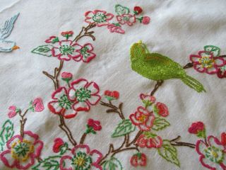 Vintage Hand Embroidered Tablecloth - CRINOLINE LADY,  BUTTERFLY,  BIRDS 5
