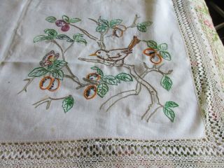 Vintage Hand Embroidered Tablecloth - CRINOLINE LADY,  BUTTERFLY,  BIRDS 6