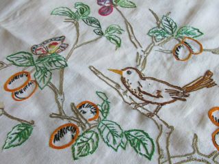 Vintage Hand Embroidered Tablecloth - CRINOLINE LADY,  BUTTERFLY,  BIRDS 7