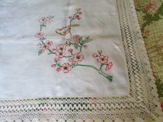 Vintage Hand Embroidered Tablecloth - CRINOLINE LADY,  BUTTERFLY,  BIRDS 8