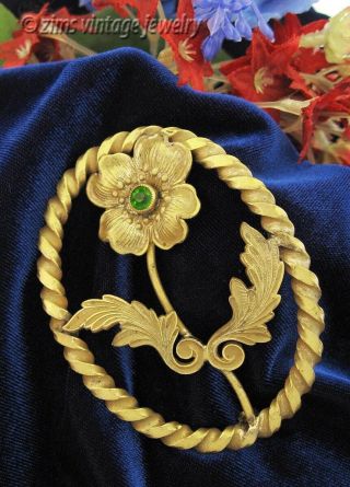 Antique Victorian Art Nouveau Gilt Brass Flower Green Large Sash Pin Brooch