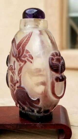 Antique Chinese Snuff Bottle Peking Glass Cranes,  Amethyst Stone Top
