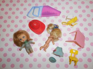 Vintage 1960s Mattel Liddle Kiddles Tlc Dolls W/ Clothing,  Table,  Chair,  Buggy