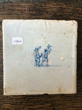 Antique Blue Delft Tile Of Two Children Playing,  Circa 1700s