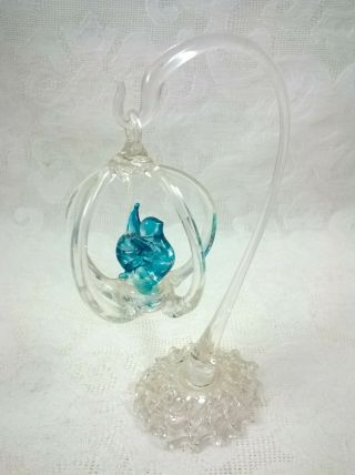 Vintage Miniature Blown Glass Blue Bird In Cage On Stand