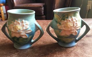 Antique Pr Blue Roseville Pottery Water Lilly Vases 71 - 4 " 1 As - Is