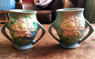 Antique Pr Blue ROSEVILLE POTTERY Water Lilly Vases 71 - 4 