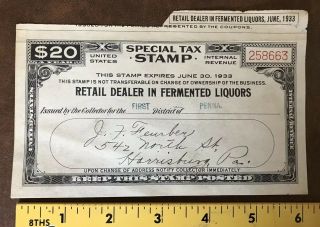 Antique Prohibition Penna Special Tax Stamp $20 - Dealer In Fermented Liquors