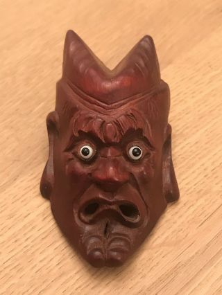 Carved Wood Devil Antique Mask Ornament Glass Eyes