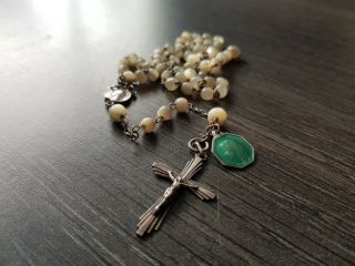Antique Pearl - Shell Rosary With Silver Art Deco Cross