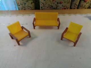Vintage Plastic Dollhouse Furniture - Couch & 2 Chairs - Gold & Brown - Hong Kong