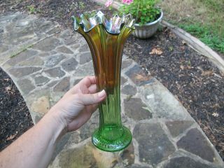 Northwood Antique Carnival Art Glass Vase Iridescent Alaskan Green Thin Rib