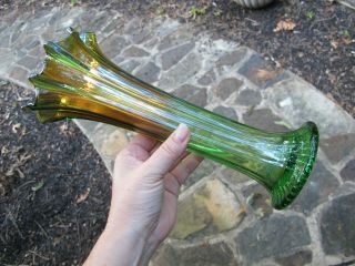 NORTHWOOD ANTIQUE Carnival Art Glass Vase Iridescent ALASKAN GREEN THIN RIB 2