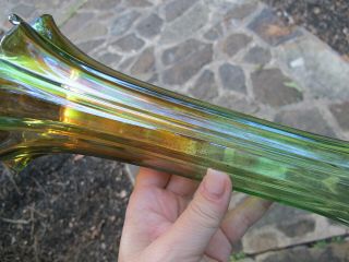 NORTHWOOD ANTIQUE Carnival Art Glass Vase Iridescent ALASKAN GREEN THIN RIB 4