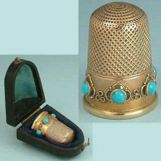 Antique 15 Kt Gold & Turquoise Thimble In Case English Circa 1870
