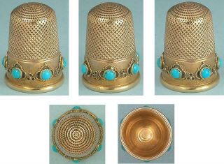 Antique 15 Kt Gold & Turquoise Thimble in Case English Circa 1870 2
