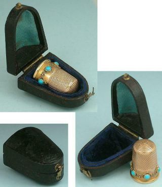 Antique 15 Kt Gold & Turquoise Thimble in Case English Circa 1870 3