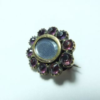 Antique Victorian Small Gilt Metal Purple Paste Locket Front Brooch / Lace Pin
