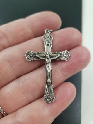 Antique Vintage Sterling Silver Sterling Crucifix Cross Pendant 1.  75 " T (3.  6g)