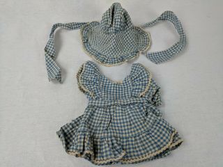 Vtg 2 Piece Handmade Ruffled Cotton Check Doll Dress & Hat/ Bonnet/bloomers