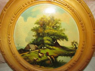 Vintage Hand Painted Wood Plaque Painting,  Peaceful Afternoon Farm Scene