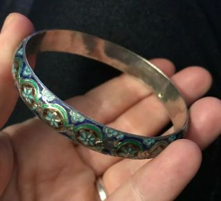 Pretty Vintage Sterling Silver Enamel Bangle.  Floral 925 Antique Small 6.  2 - 6.  3
