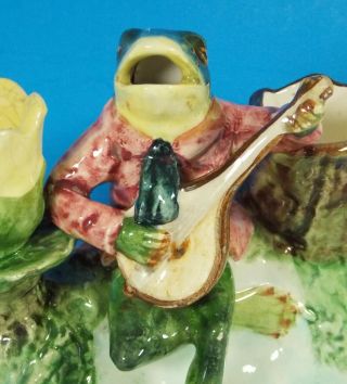 Antique Majolica Happy Singing Frog With Mandolin Match Holder & Striker Cute 2