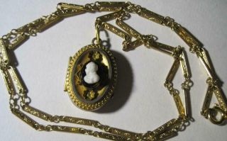 Antique Victorian Gold Filled Hard Stone Cameo Locket & Chain