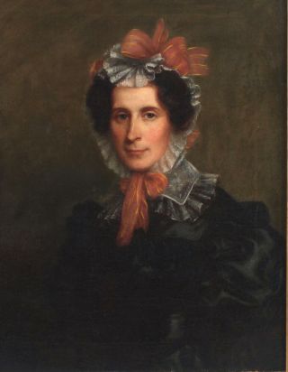 19thC Antique American Folk Art,  Woman & Lace Bonnet,  Portrait Oil Painting 2
