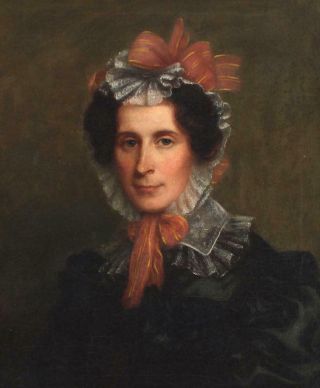 19thC Antique American Folk Art,  Woman & Lace Bonnet,  Portrait Oil Painting 3