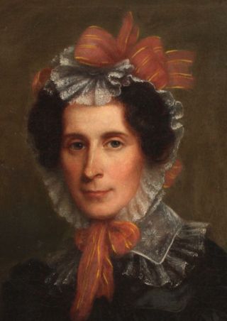 19thC Antique American Folk Art,  Woman & Lace Bonnet,  Portrait Oil Painting 4