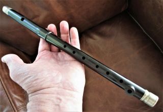 Vintage Black Wood Fife Antique Wooden Flute Old Nickel Bands Key Of C