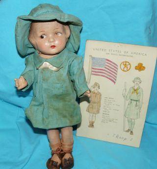 Antique 1920 - 30s Composition Doll 1938 Girl Scout Uniform W Page 13 " Fully Jtd