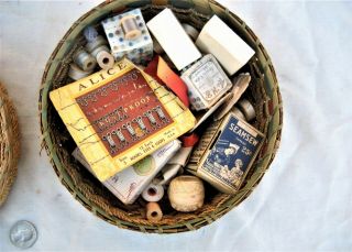 Old Sewing Basket Full Of Threads,  Pins,  Needles,  Buttons Etc.  Circa 1900 - 1910