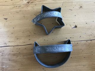 2 Antique Vintage Kreamer Tin Cookie Biscuit Cutters Star Moon Advertising