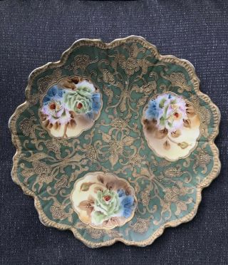 Antique Nippon Porcelain Moriage Floral Gold Plate Hand Painted Roses Japan