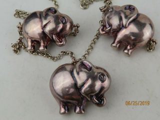 Vintage Sterling Silver Three Puffy Cute Baby Elephants Chain Necklace
