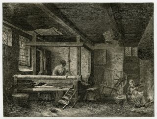Antique Print - Genre - Loom - Interior - Weaving - Anonymous - Ca.  1820