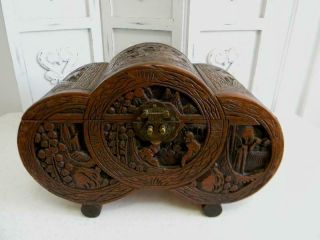 Breathtaking Antique Hand Carved Wood Asian Chinese Chest Unique Keepsake Box