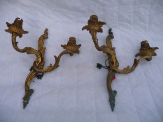 Antique Pair French Gilt Brass Twin Wall Lights - Rococo Architectural Old Project