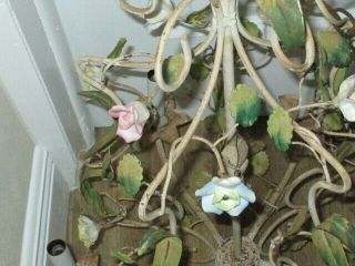 Antique VINTAGE Italian TOLE Metal Porcelain Flowers Roses 5 Light Chandelier 2