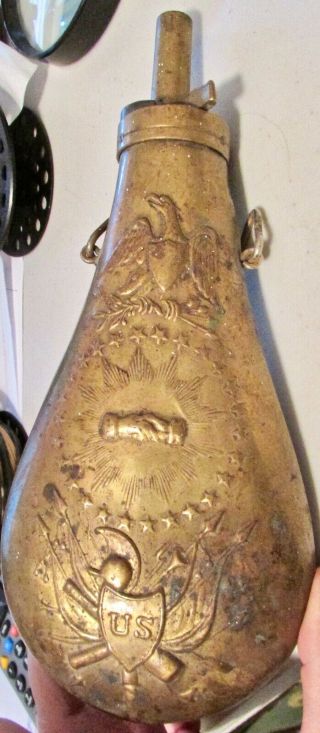 Antique Gun Powder Flask Brass W Eagle Masonic? Handshake U.  S.  Shield 9 "